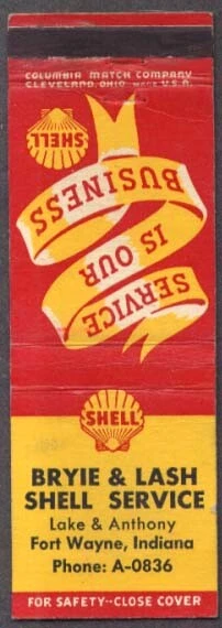 Bryie & Lash Shell Gasoline Fort Wayne IN matchcover