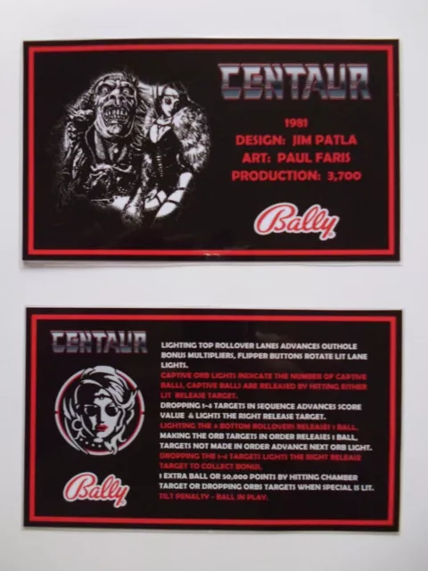 * * 'CENTAUR' Bally 1981 Custom Instruction/Apron Cards * * (New)