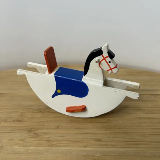 Vintage Painted Wood Dollhouse Sized Rocking Horse Made in East Germany 5.5”l