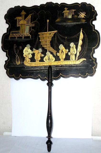 Éventail écran Ancien Napoléon III - Carton, Bois Doré, 41 Cm, XIXe Siècle
