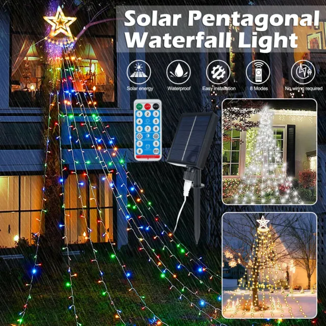 350 LED Solar Star Waterfall Light Christmas Outdoor Decor String Lights Remote