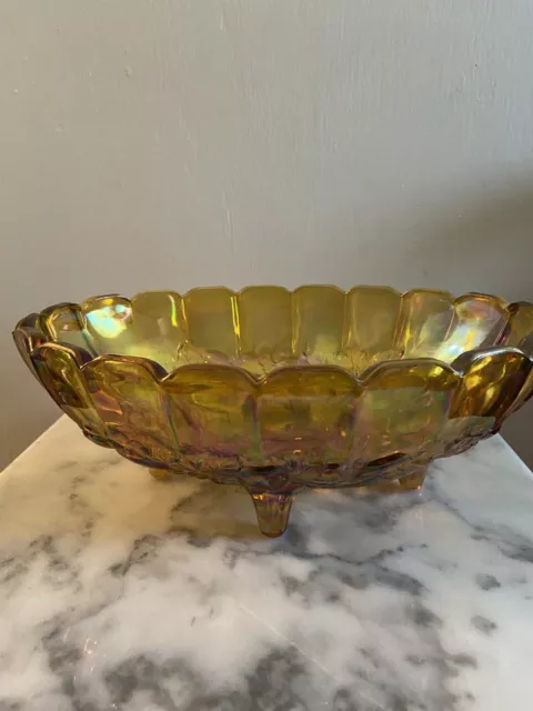 VTG Indiana Iridescent Carnival Glass Fruit Bowl Oval Harvest Grape Amber Footed