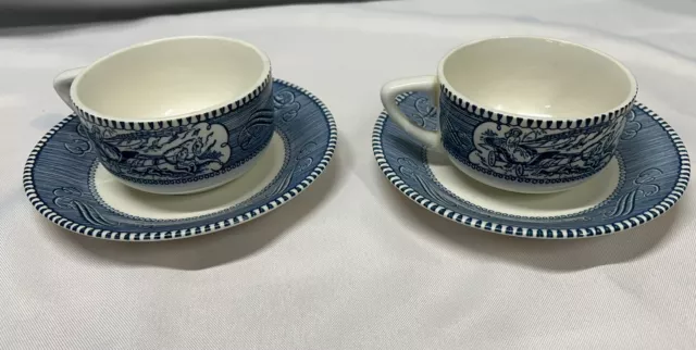 Vintage Blue & White Currier and Ives Royal China 2 Tea Cups and  2 Saucers