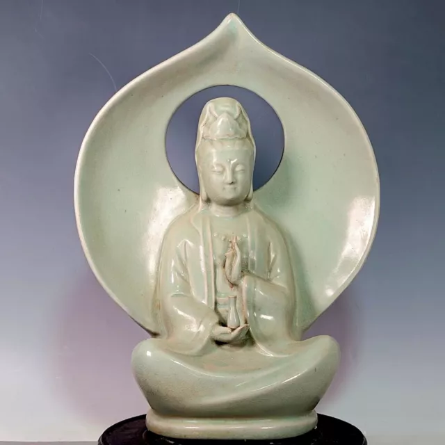 16.9" old antique song dynasty ru kiln porcelain sky cyan glaze guan yin statue