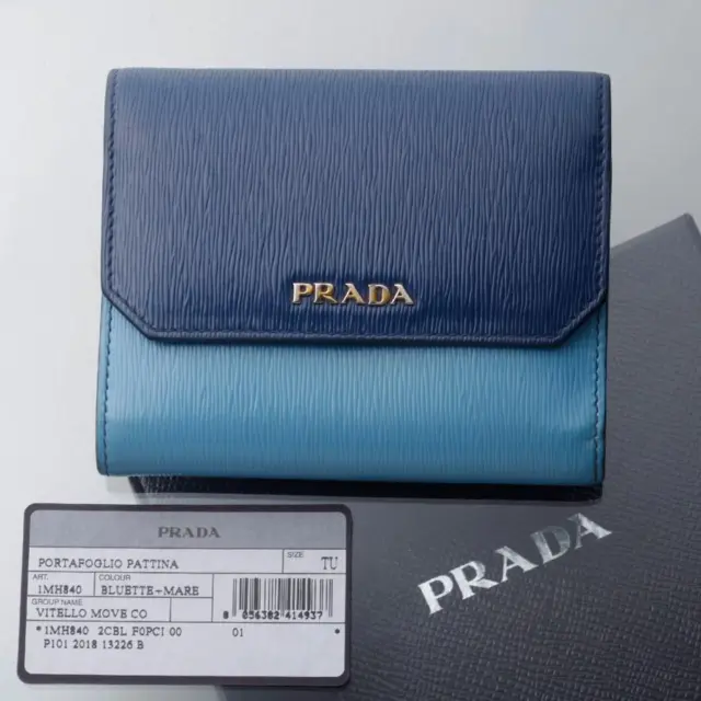 Prada Authentic Vitello Move Leather Trifold Wallet blue bicolor with Box used