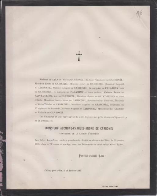 1885 Faire-part décès Alcmond-Charles-André de CARBONEL - Célier, Foix (Ariège).