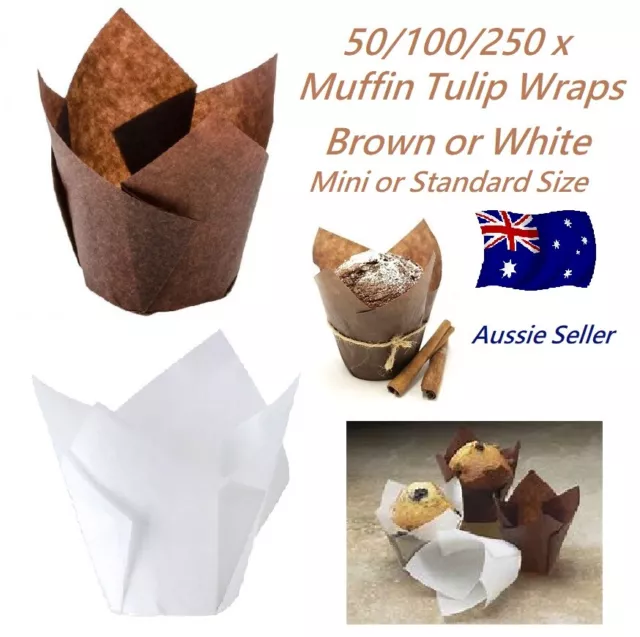 50 / 100 / 250 x Tulip Muffin Wraps BROWN or WHITE  Cups Cases Baking Wrappers