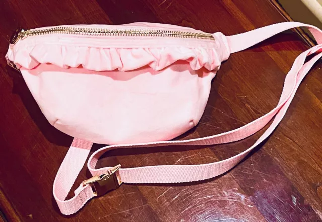 Stoney Clover FANNY PACK Velvet Pink Plush Sling Bag w/gold buckle Ruffle Accent