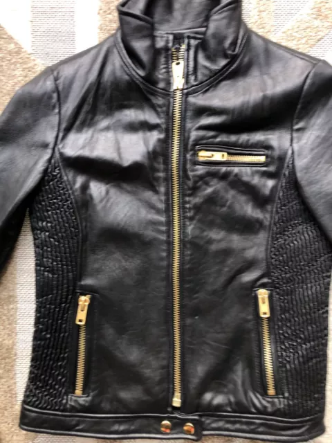 Via Spiga Gold Zip Lamb Leather Jacket Sz S Small Soft Black Lambskin Ribbed 2