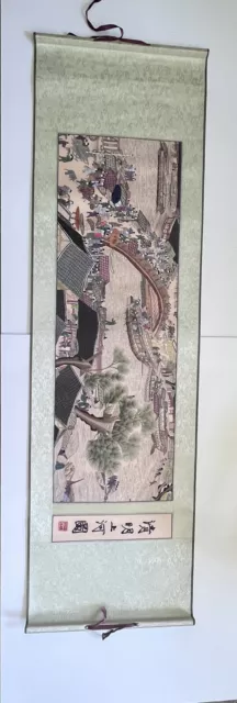 Chinese Painting Hanging Scroll Bridge Boats Water Scenery Park Cottages Signed