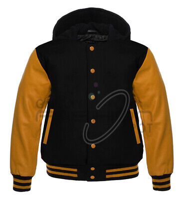 Varsity Letterman Hoodie Jacket Black Wool & Golden Leather Sleeves Golden Trims