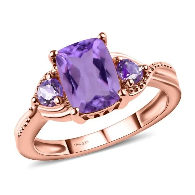 Amethyst 3 Stone Ring in 14K Rose Gold Over Sterling Silver 1.75 ctw