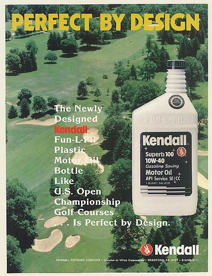 1986 Kendall Motor Oil New Fun-L-Fil Plastic Bottle US Open Golf Course Print Ad