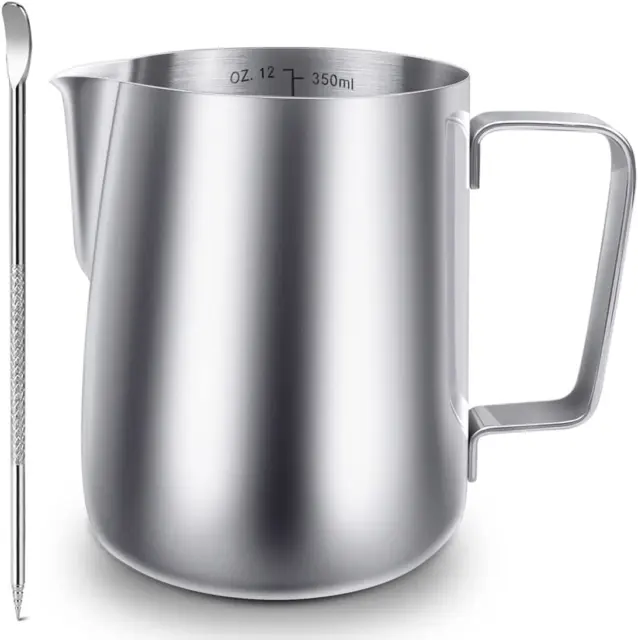 Stainless Steel Milk Frothing Pitcher 12 Oz, Espresso Steaming Pitcher with Deco