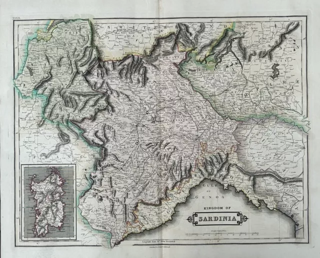 1828 Kingdom of Sardinia by Daniel Lizars Large Hand Coloured  Antique Map