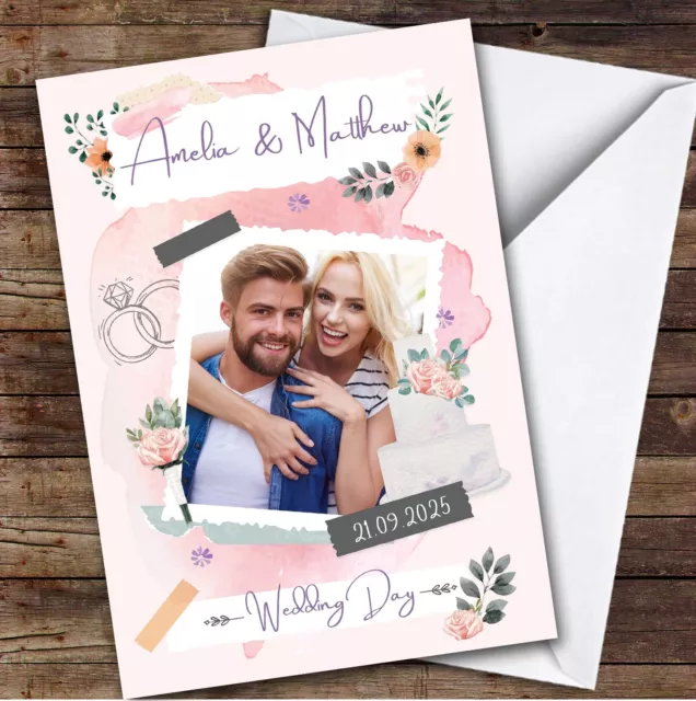 Wedding Day Scrapbook Rustic Photo Pink Cake Ring Personalised Greetings Card