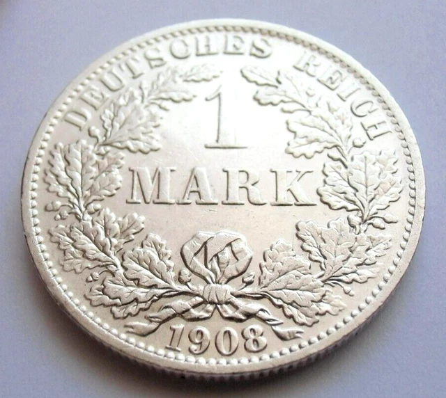 (313)Rare Germany Empire 1 Mark Silver Coin 1908 A -  0.900 Silver