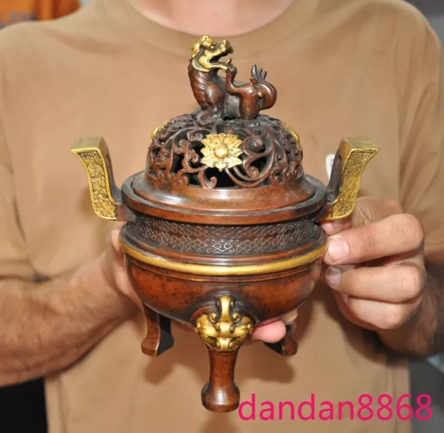 8" China purple bronze Gilt fengshui Lion foo dog beast Incense burner Censer
