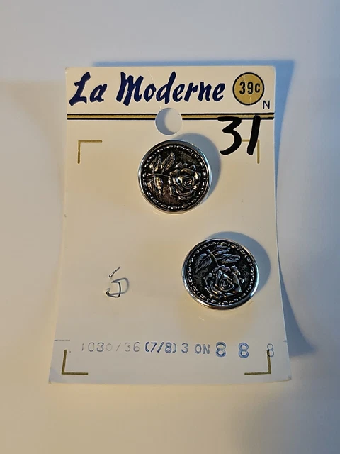 La Moderne Metal Rose Buttons On Card New Old Stock VTG NOS 2 Button