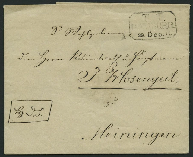 HAMBURG-THURN UND TAXISCHES O.P.A. 1842, T.T. HAMBURG, R3 auf Brief per K.D.S. n