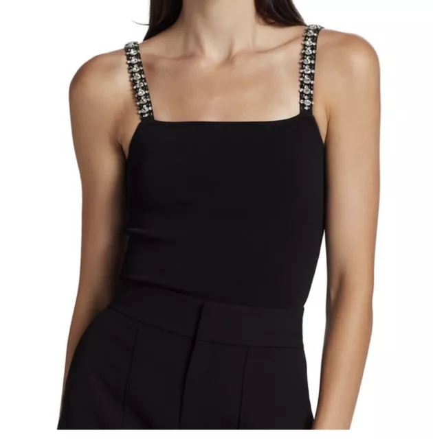 $295 NWT Alice + Olivia Women's Black Crystal Strap Drina Tank Top Size M