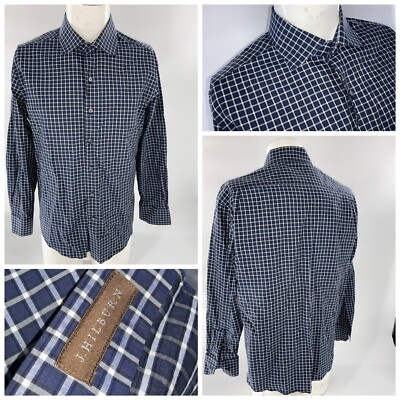 J Hilburn Bespoke Shirt  16.5 32 Blue Beige Window Pane Cotton Point YGI B2-353