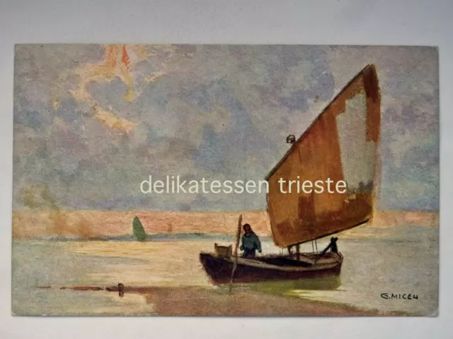 TRIESTE Pittore MICEU barca vela vecchia cartolina 2