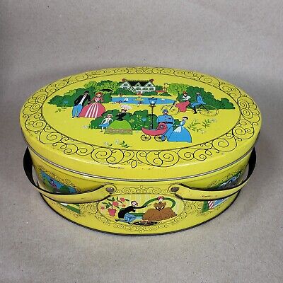 Vintage Oval Metal Tin Sewing Box Double Handle Victorian Life Scenes Litho