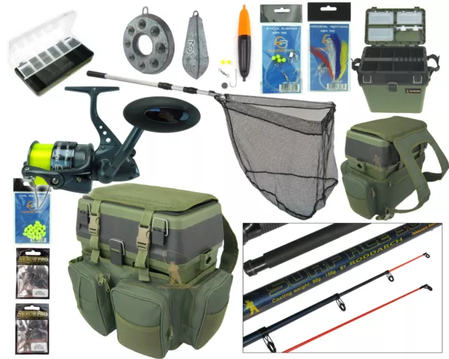 Complete Starter Beginner Sea Fishing Kit Set Rod Reel Seat Box & Rucksack Net