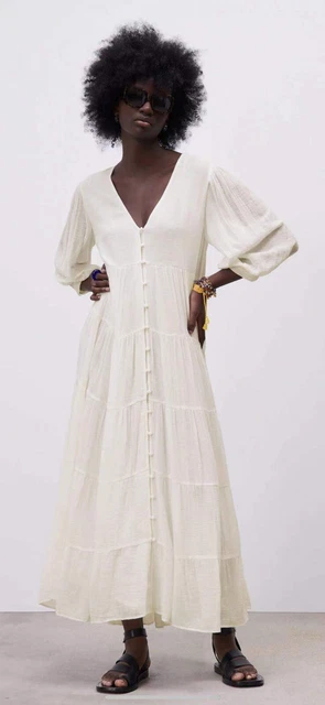 ZARA VOLUMINOUS TIERED LONG DRESS GAUZY OYSTER WHITE Measurements $59.00 -  PicClick