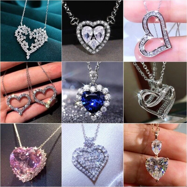 925 Silver Heart Crystal Pendant Chain Necklace Womens Ladies Wedding Jewellery