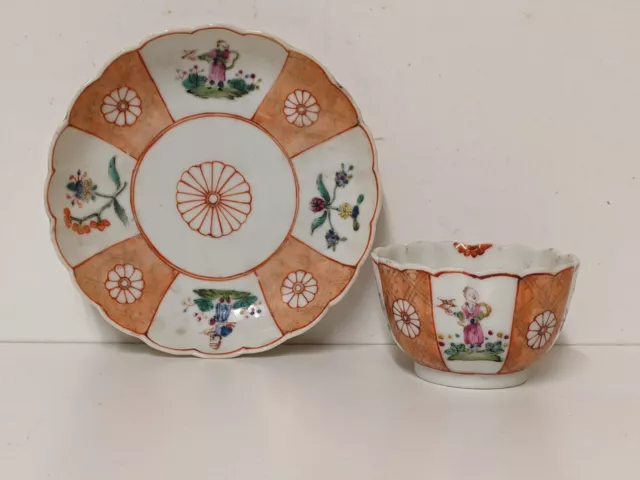 C18th Chinese Porcelain Ribbed Tea Bowl And Saucer 'Scarlet Japan' Style Pattern