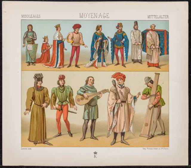 1890 - Costumes nobiliaires et populaires - Lithographie ancienne - Moyen-âge
