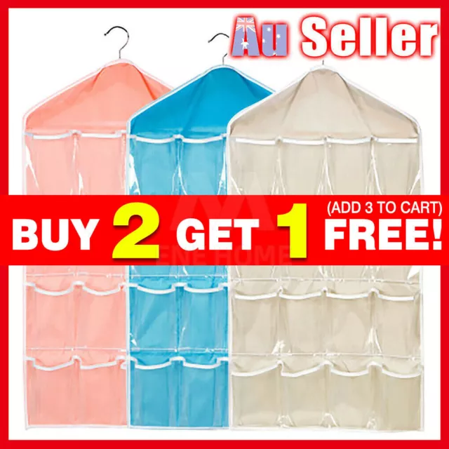 16 Pockets Organizer Clear Hanger Wardrobe Storage Bag Hanging Socks Rack Holder