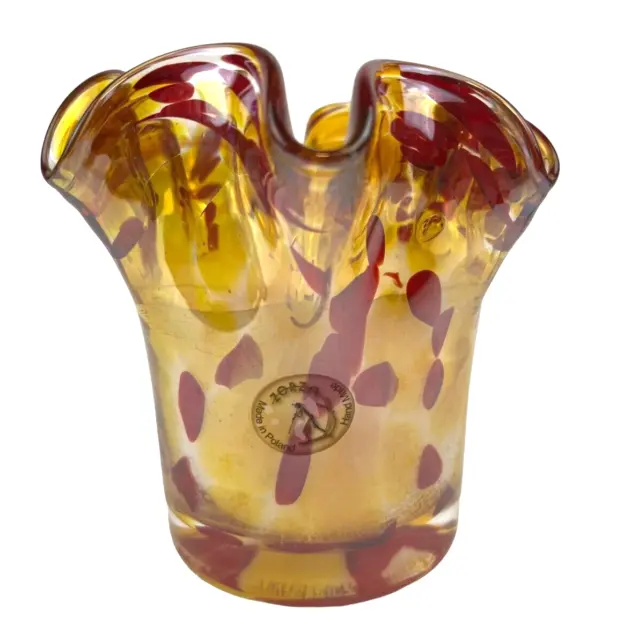 Zorza  Hand Blown Art Glass Candle Vase Handkerchief Amber/Wine Contains Candle