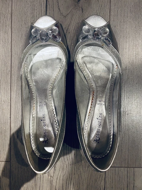 Accessorize Silver Peeptoe Kitten Heels | Size 6 UK