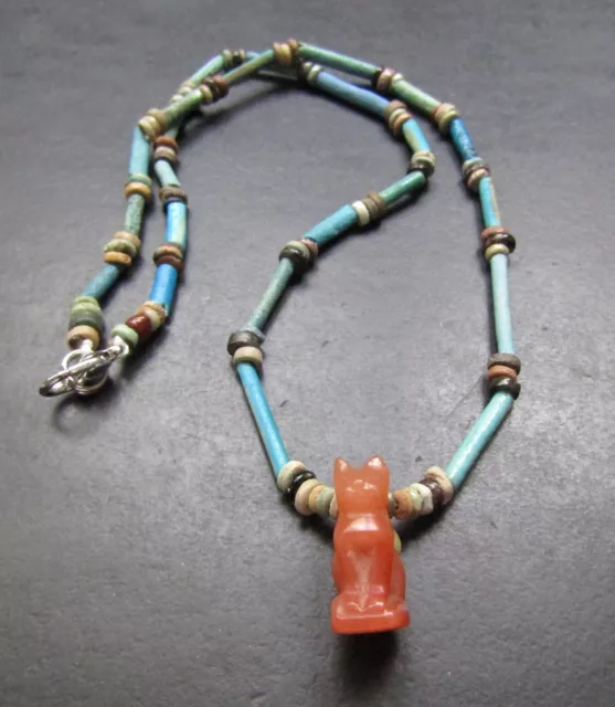 NILE  Ancient Egyptian Cat Amulet Mummy Bead Necklace ca 600 BC