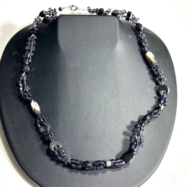 Chevrons Stars Crescent Moons Beaded Necklace Purple Gunmetal Handcrafted