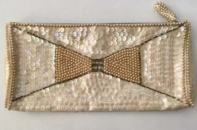 Vintage Iridescent Sequin Bow Beaded Pearl Bag Bridal Purse White Clutch 50s 60s