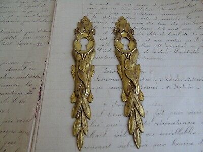 French antique 2 ornately detailed brass tole key hole plates - to any projects 3