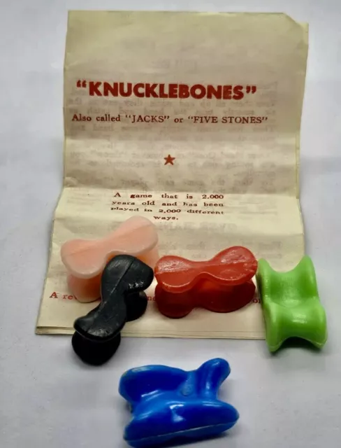 Vintage Set of 5 Coloured Plastic Knucklebones   / Dice / Jacks Game Pieces