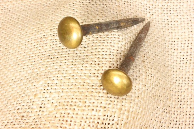 2 Old Picture Nails Victorian Large BRASS Head Painting Hanger vintage 1800’s 2