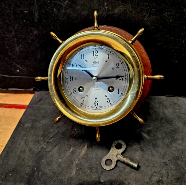 Vintage German Schatz Ships Clock With Bells, Brass