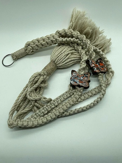 Vtg Retro Macrame Plant Hanger Ceramic Orange Blue Splatter Butterfly 48in