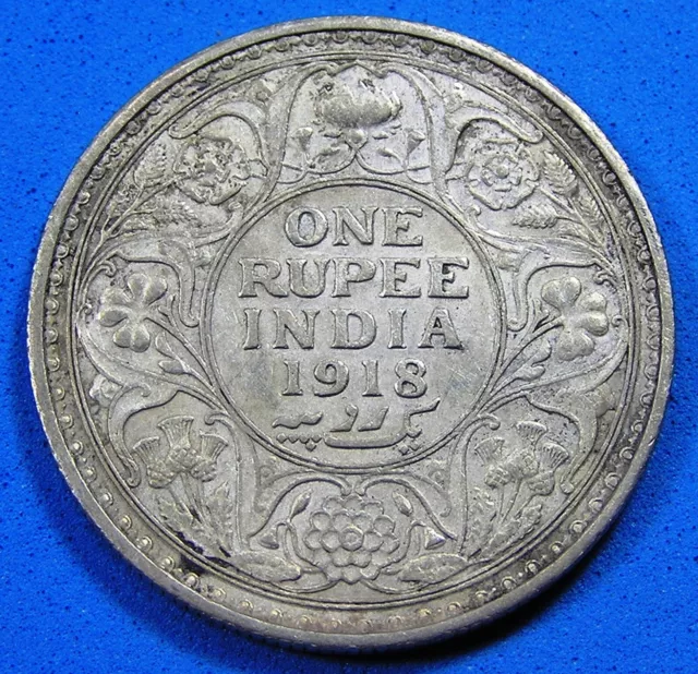 1918 British India 1 Rupee .917 Silver Coin, King George V, KM-524