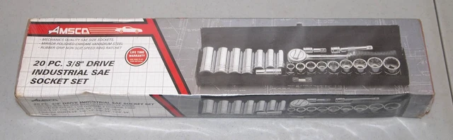 New!! Sealed!! Vtg Chrome AMSCO 20- Piece 3/8" Drive INDUSTRIAL SAE SOCKET SET