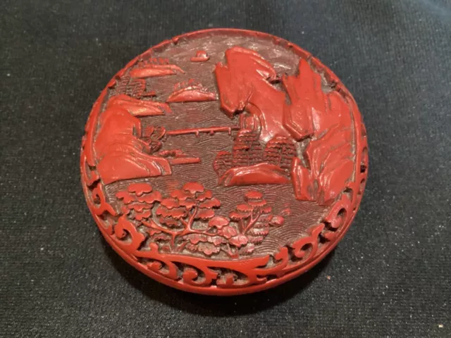 Vintage Chinese Cinnabar Red Lacquer Carved Trinket Jewelry Box Round 3"
