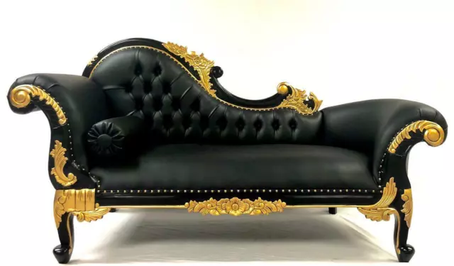 Rich Black & Gold French Style Ornate Chaise Sofa Faux Leather In Stock New