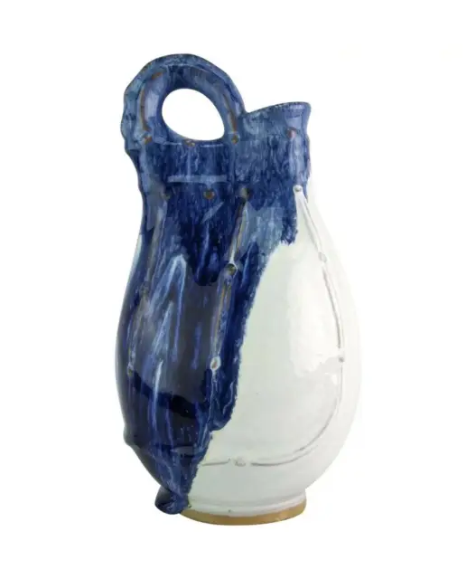 Chinese studio pottery ewer vase blue drip glaze in form of water pouch