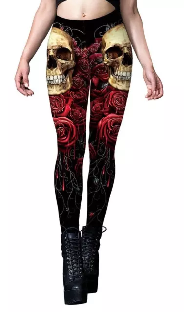 Leggings Donna Ragazze Pantaloni Sport Yoga Digitale Stampato in 3D Rose & Teschi Rossi
